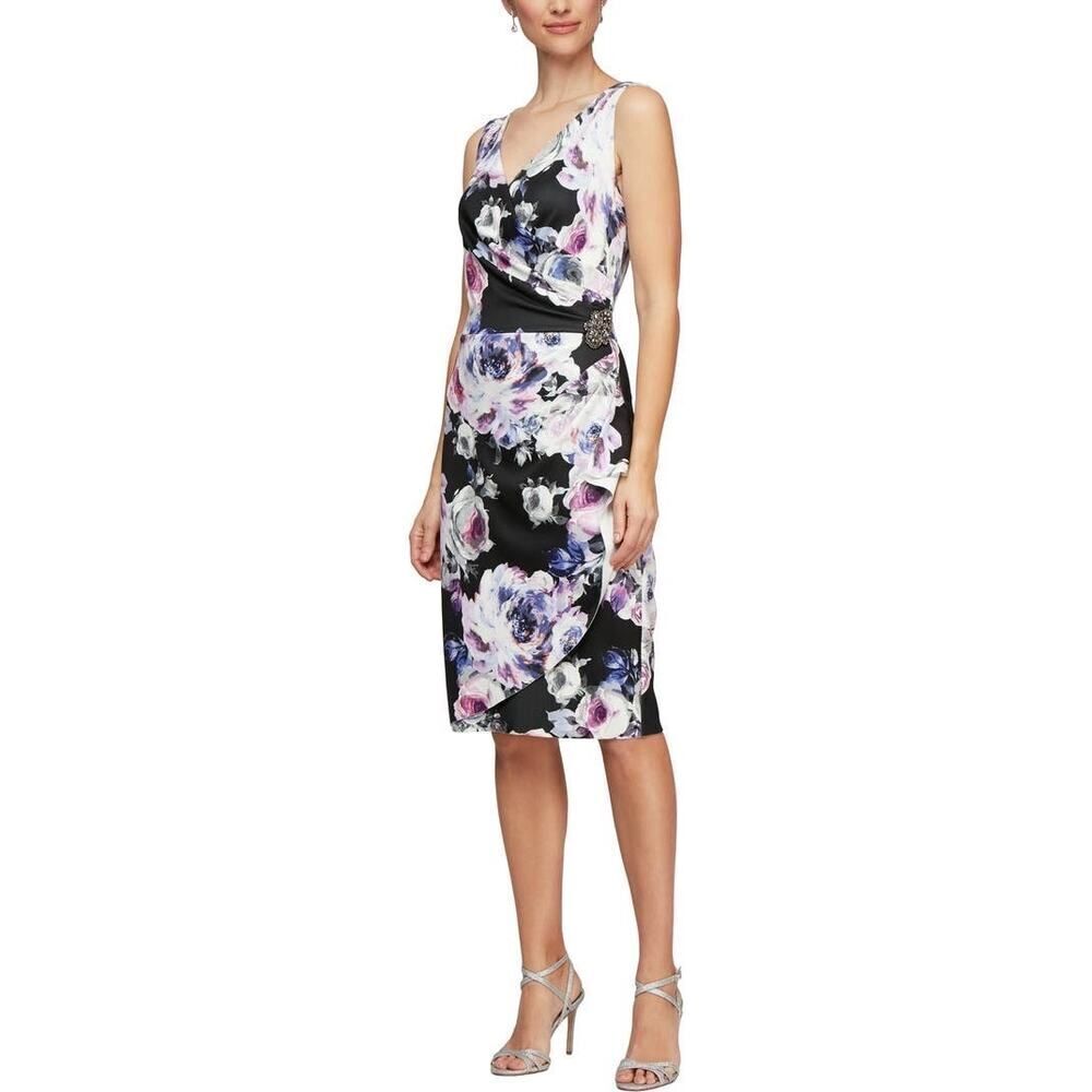 Alex Evenings Side Ruched Cocktail Dress Women's 8 Black Purple Floral NWOT
